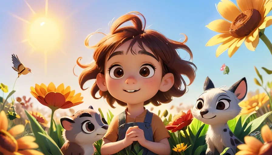 a little girl standing in the middle of a field of flowers