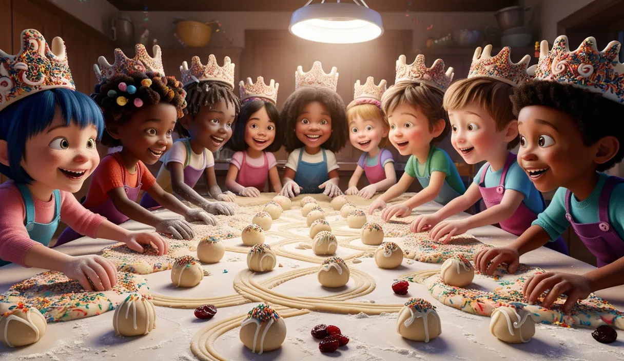 a group of children standing around a table with doughnuts