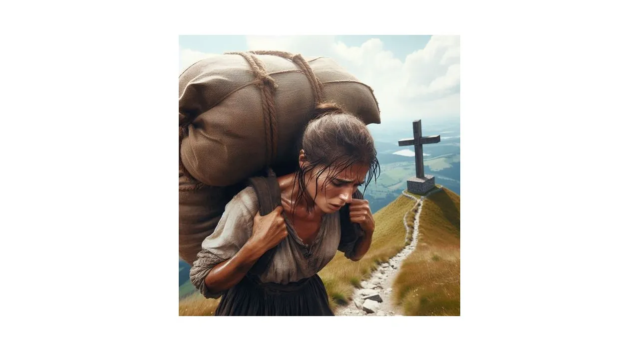 a painting of a woman carrying a cross on her back