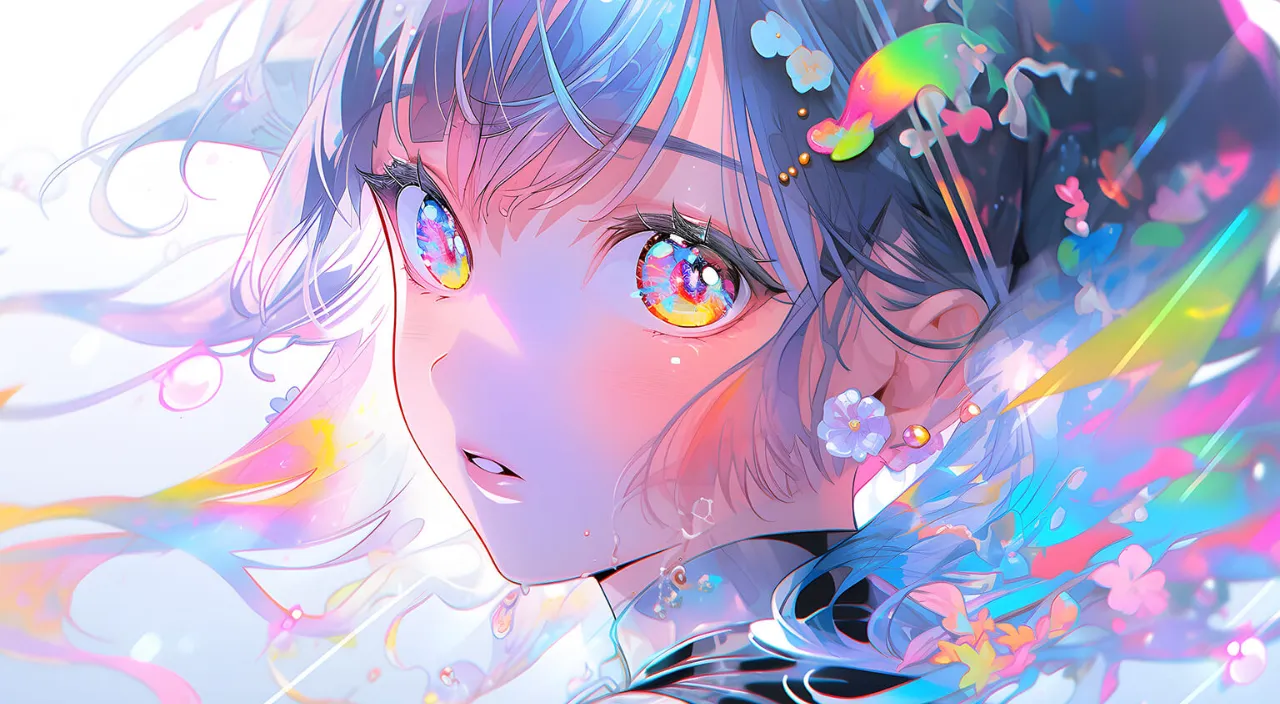 a girl with colorful eyes and a flower in her hair