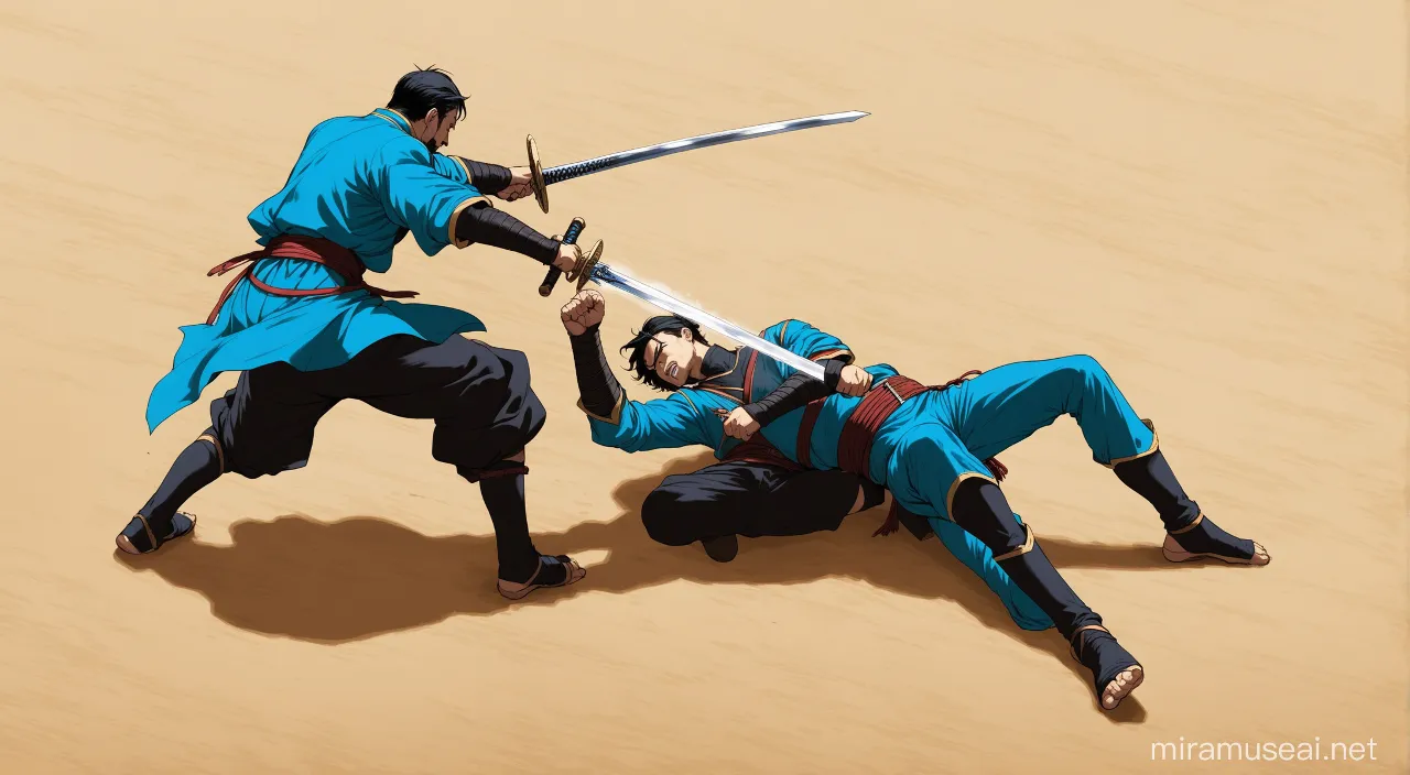 The swordsman in blue jumped and rolled on the ground as his sword collided with his opponent in dark cloting his leg kicked him