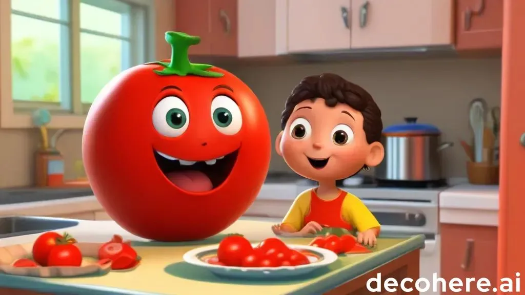 a boy standing next to a large tomato on a counter