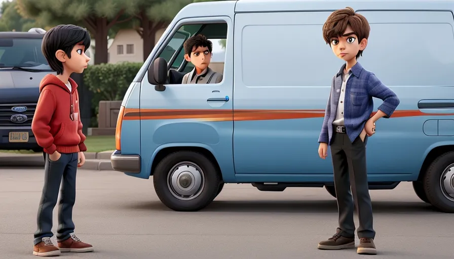 a couple of kids standing in front of a van