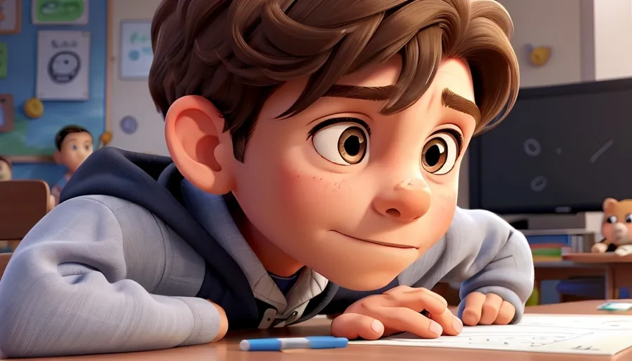 a boy laying on a desk in a classroom