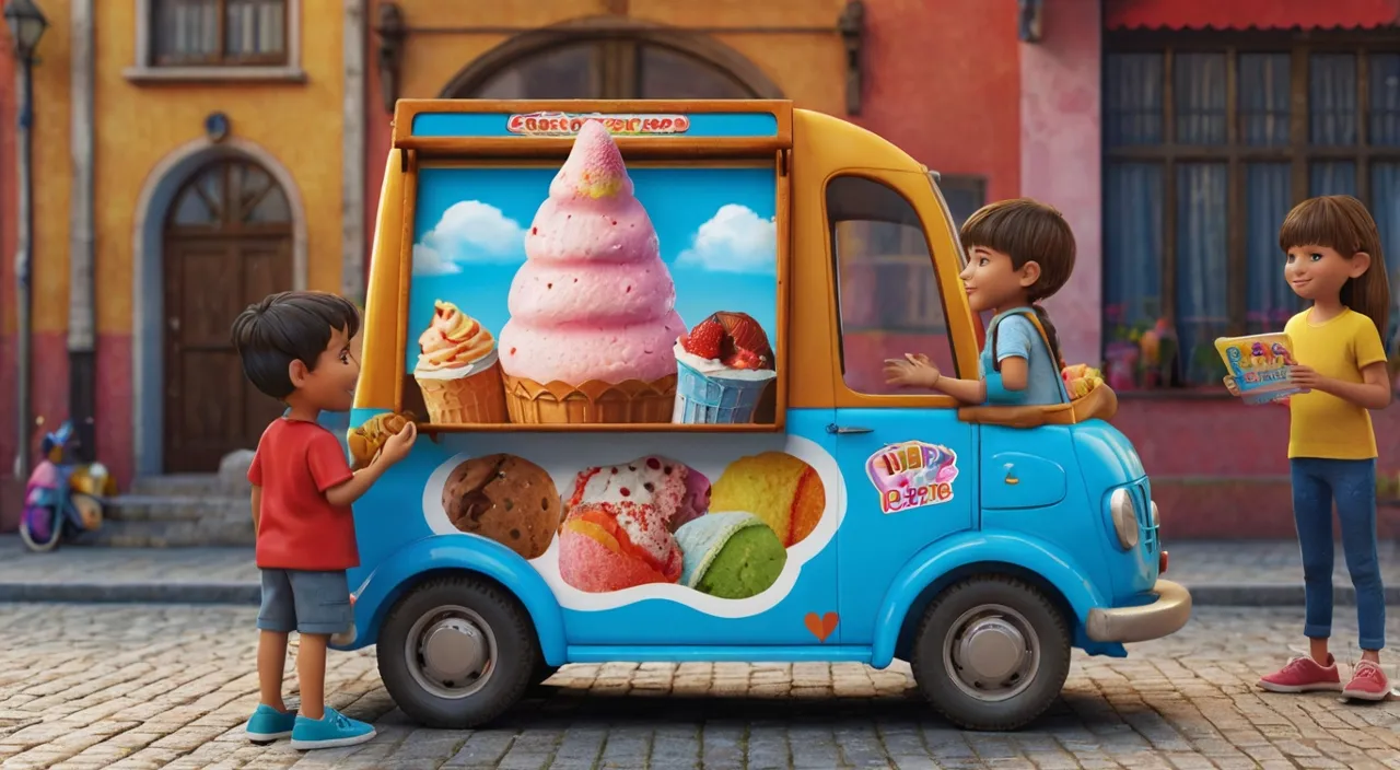 a group of children standing around a blue ice cream truck