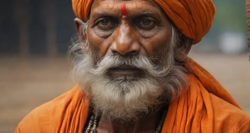 a man in an orange turban looks at the camera