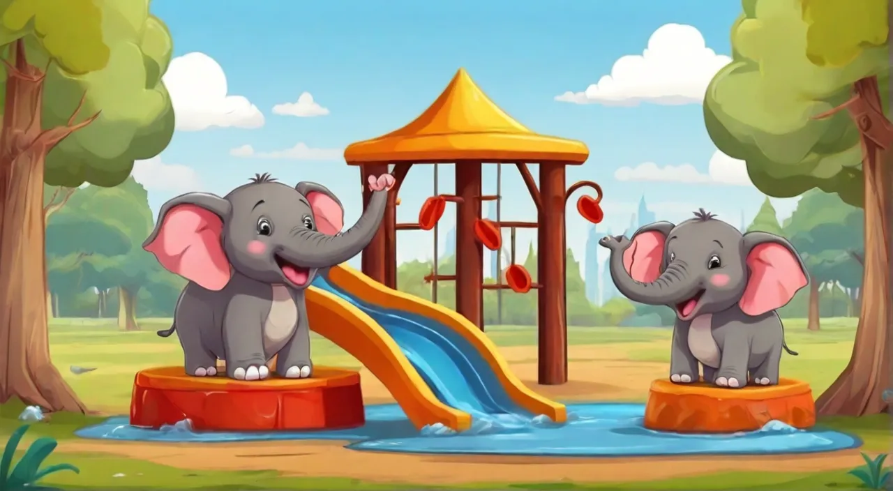 two elephants playing in the park with a slide. Cartoon 