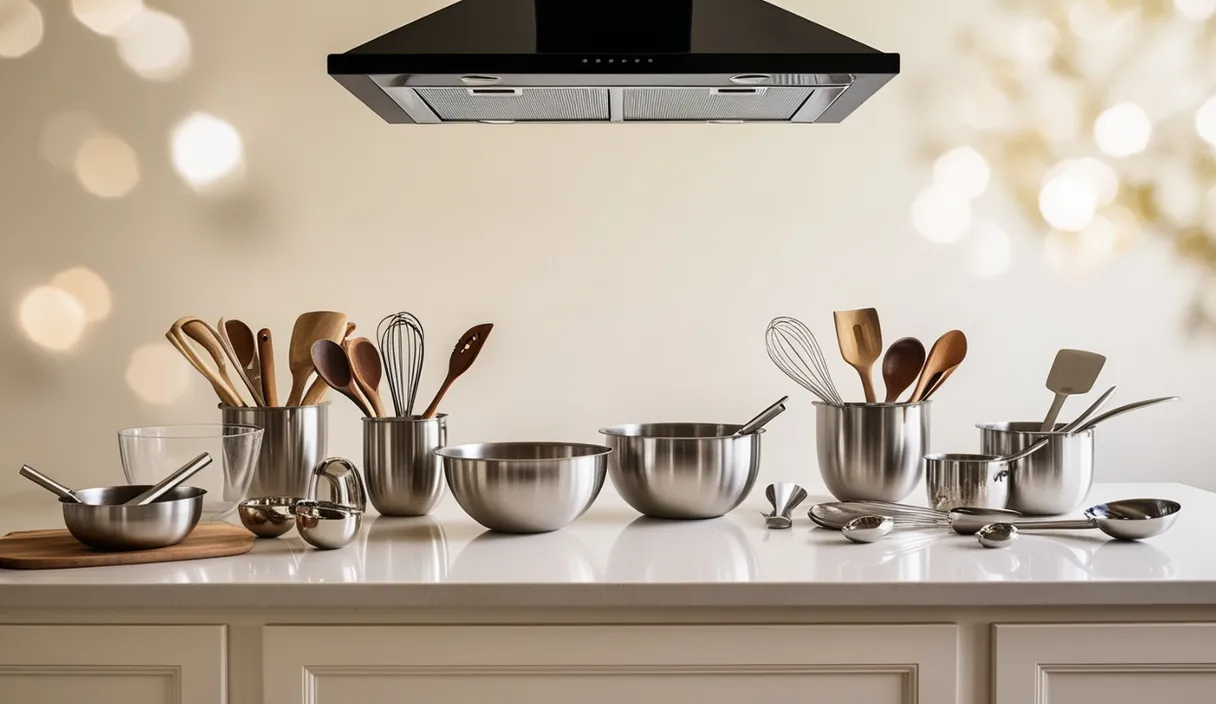 a range hood over a kitchen counter filled with pots and pans