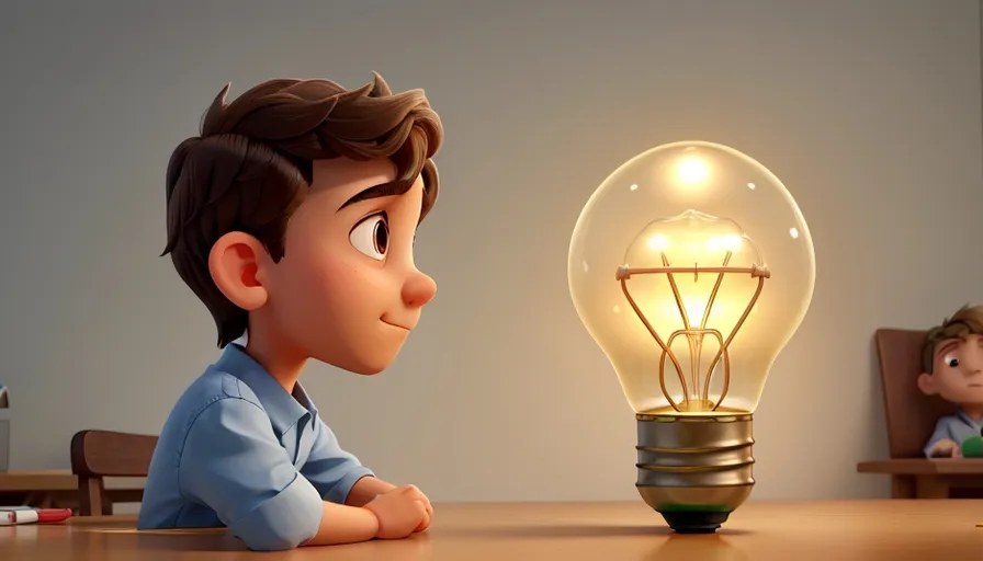 a boy sitting at a table with a light bulb in front of him