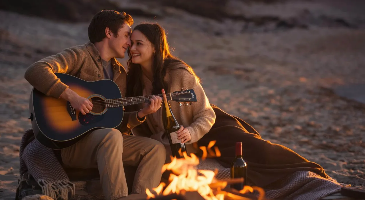 Location: Secluded beach. Characters: A man and a woman in love Objects: Acoustic guitar and  bonfire. Description: The man serenades the woman in love  with an acoustic guitar by a bonfire on a secluded beach, the sunset casting a warm glow over their intimate moment.