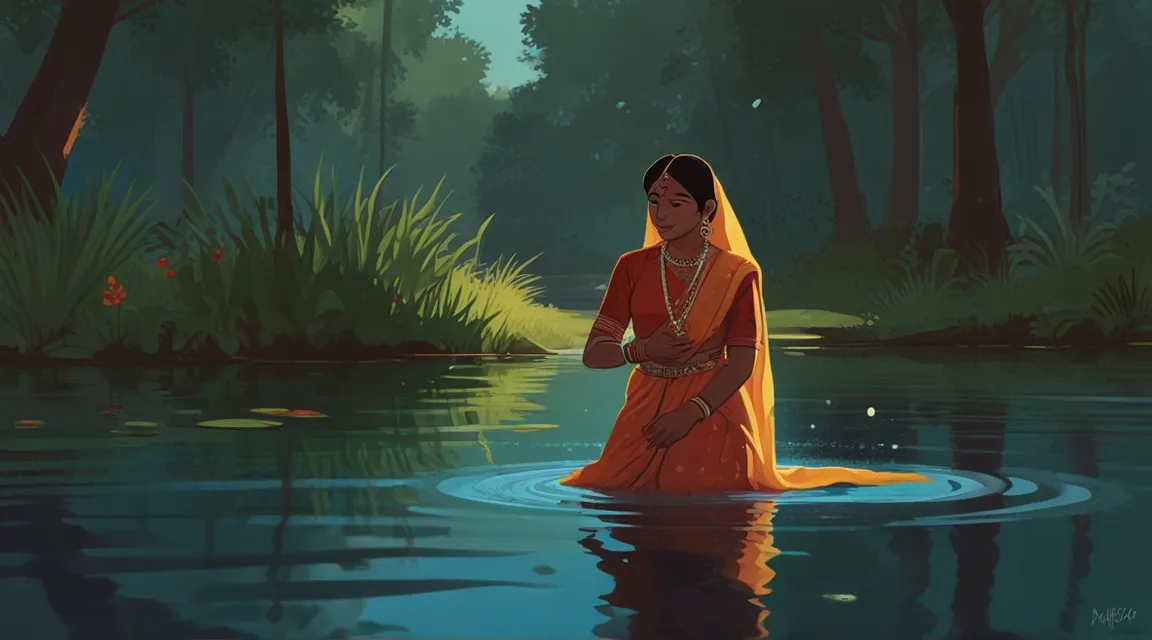 a painting of a woman in a sari sitting in the water