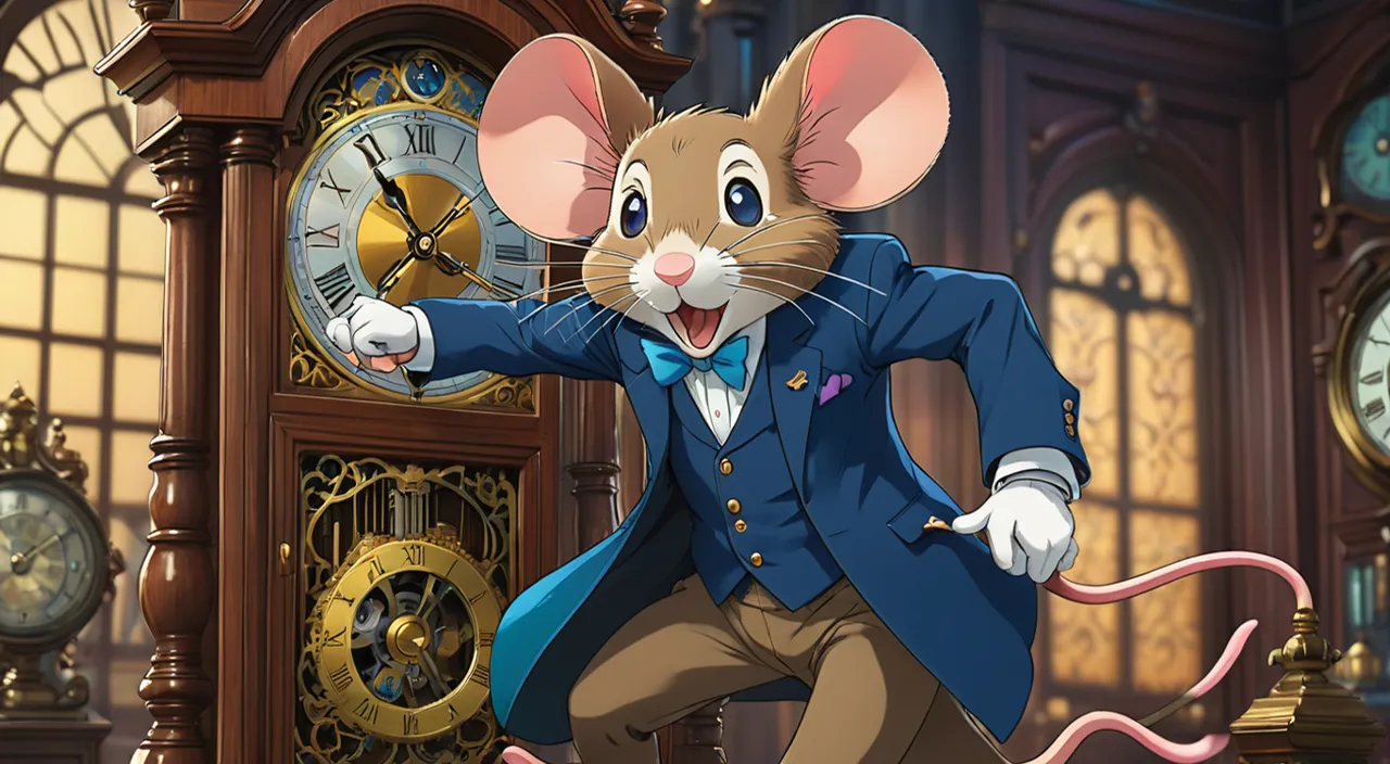 a cartoon mouse in a suit with a clock in the background