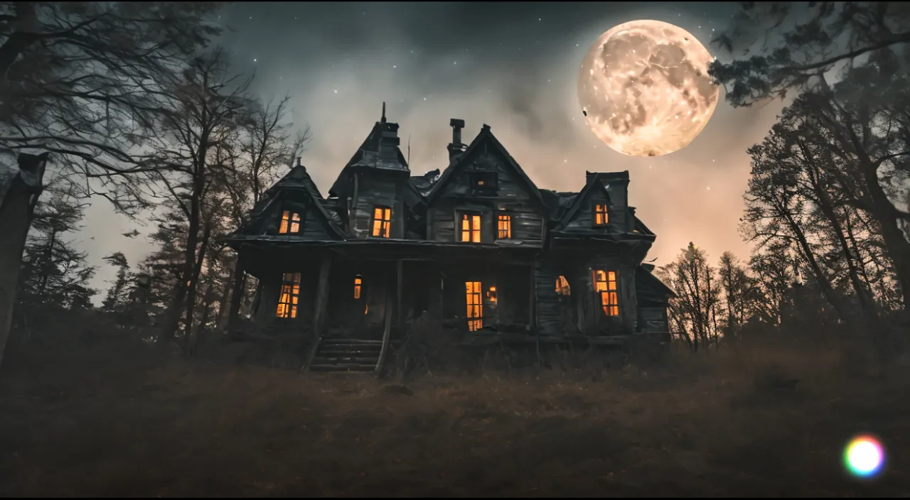 Two girls and a boy walking towards an abandoned cabin in the woods, with a crescent moon as the only source of light