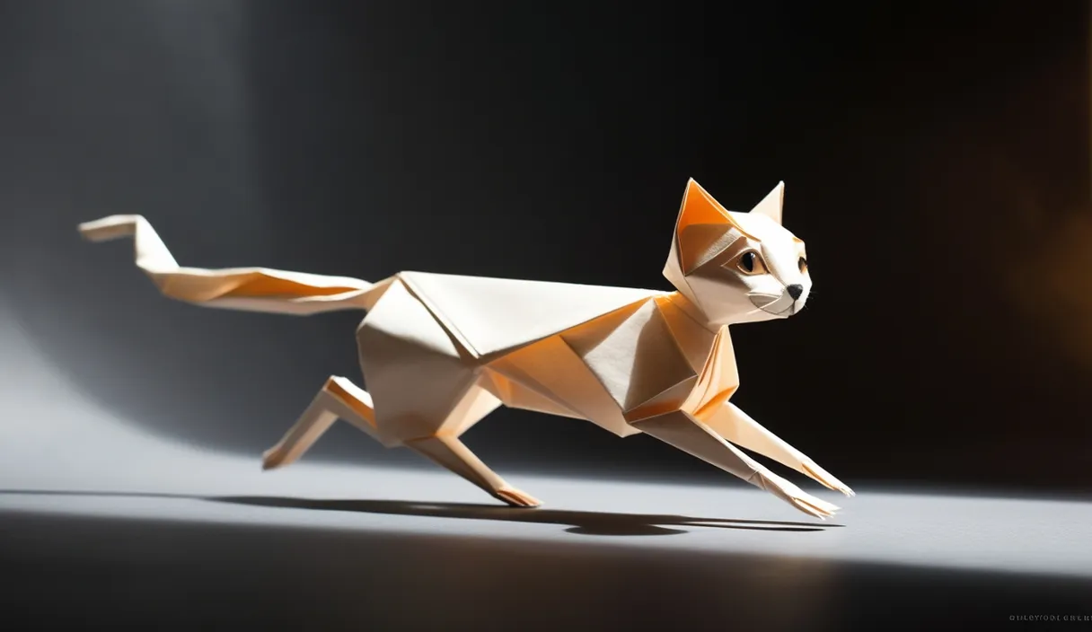 an origami paper cat running 