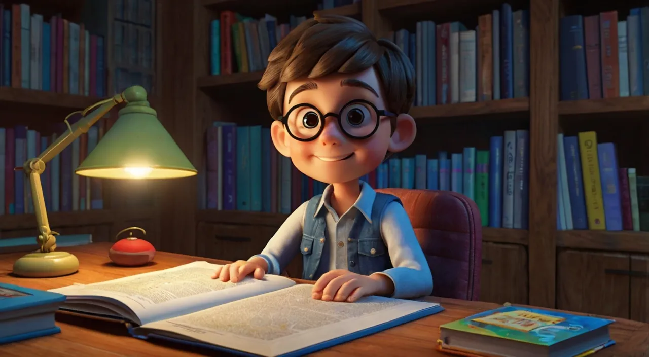 a cartoon boy sitting at a desk reading a book