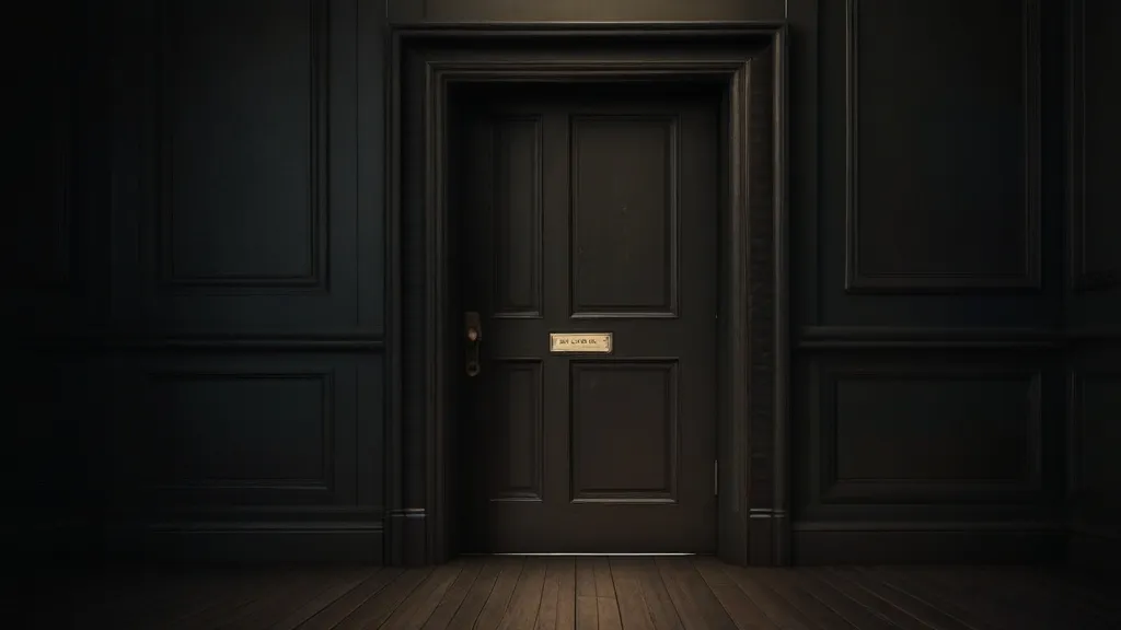 a dark room with a door and a light on