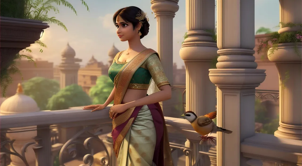 a woman in a sari talking to her husband, 3d animation