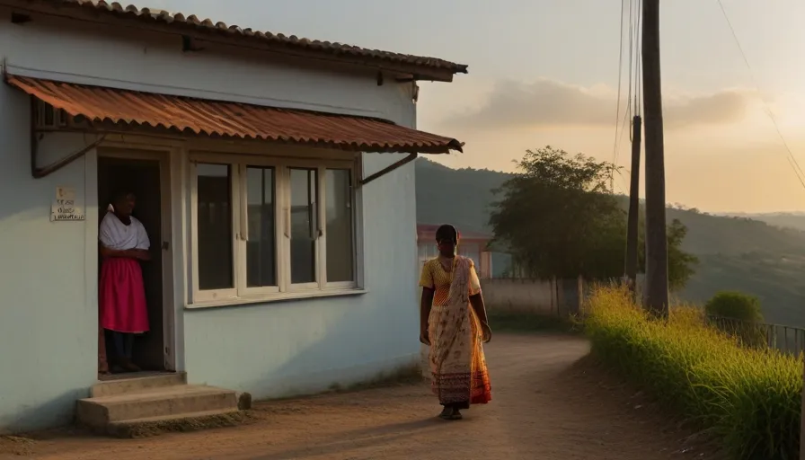 a couple of people that are standing outside of a house