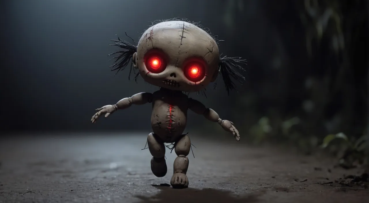 a creepy little doll with red eyes running down a road