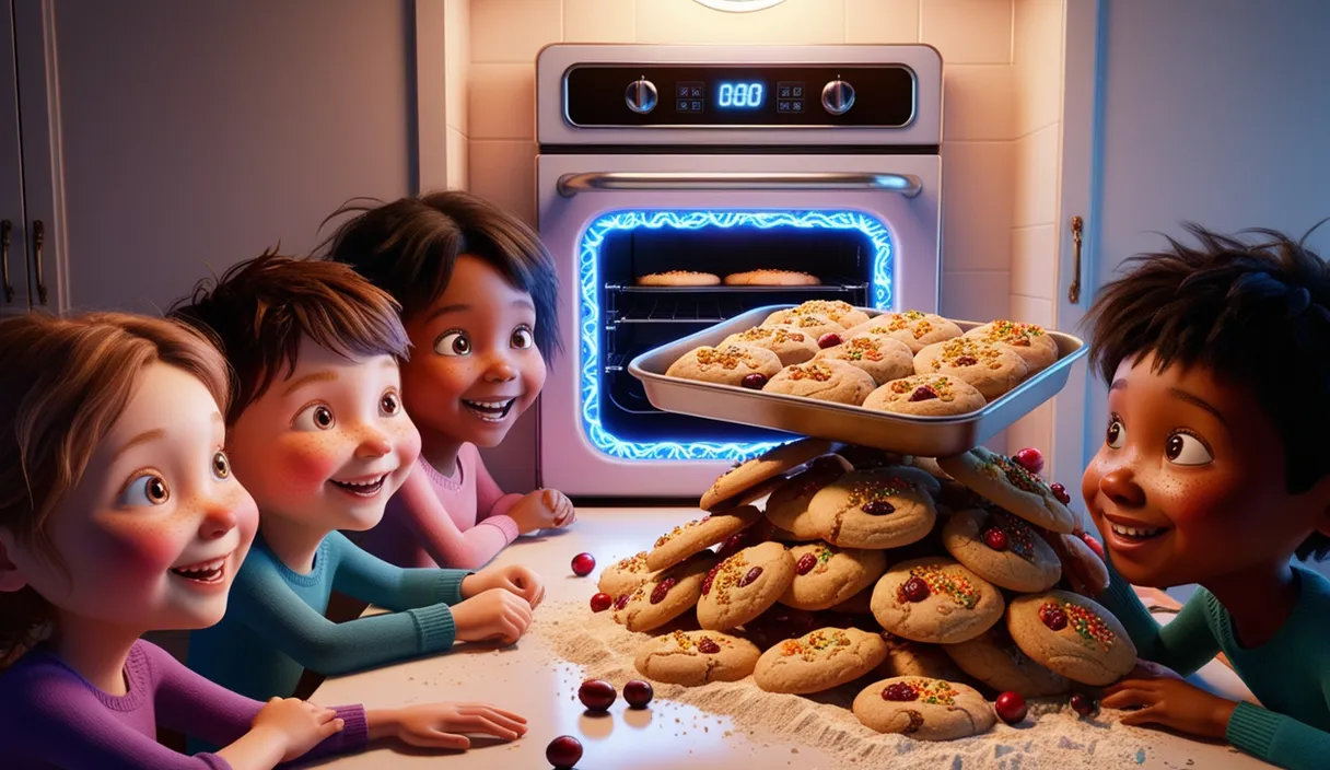 a group of children looking at a pile of cookies