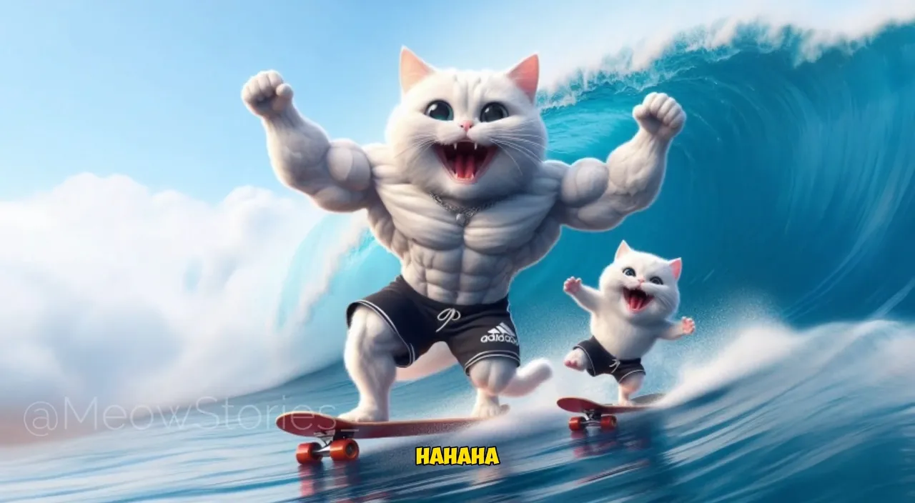 a cat riding a skateboard on top of a wave