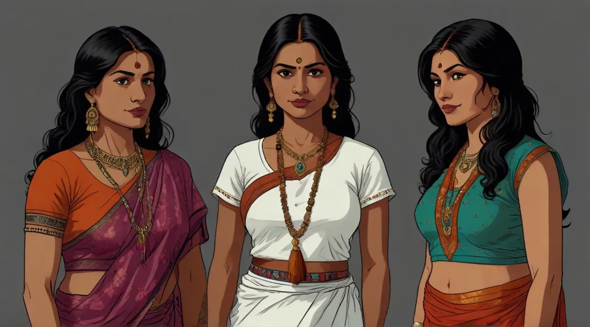 three women in indian clothing standing next to each other