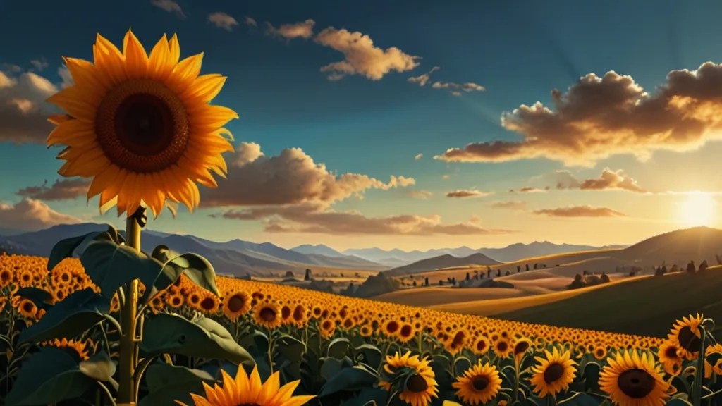 a field of sunflowers with a sunset in the background