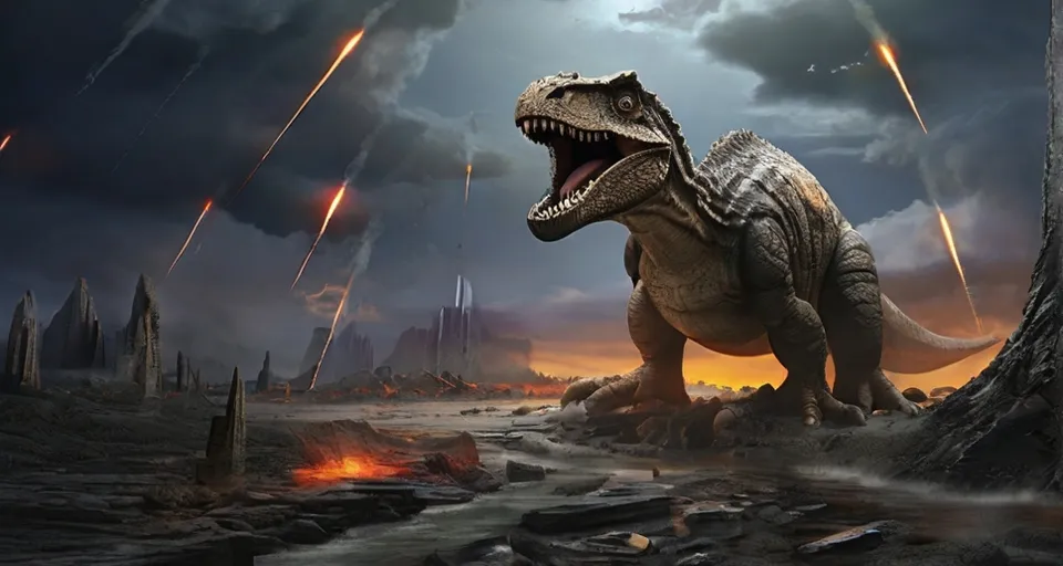 a dinosaur with its mouth open standing in a rocky area