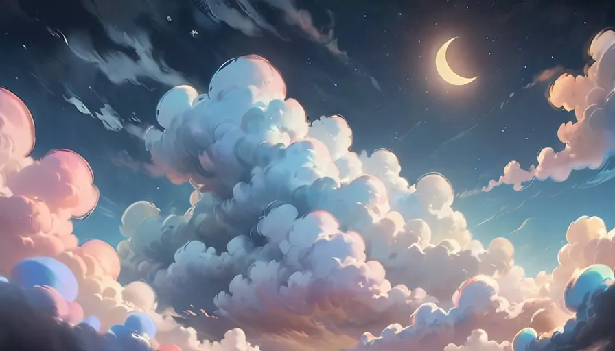 a painting of a night sky with clouds and a half moon