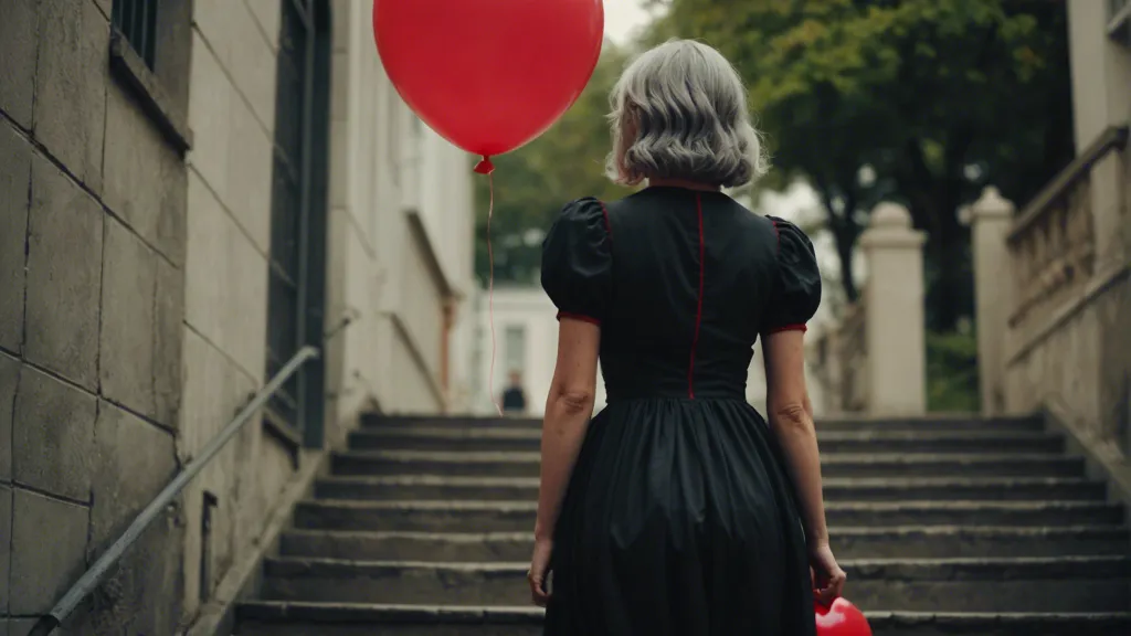 a woman in a black dress walking upstairs holding a red balloon