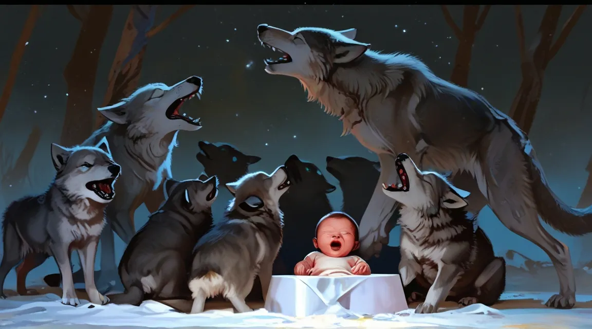 a baby in white cloth is under the protection of howling wolves in a dense forest