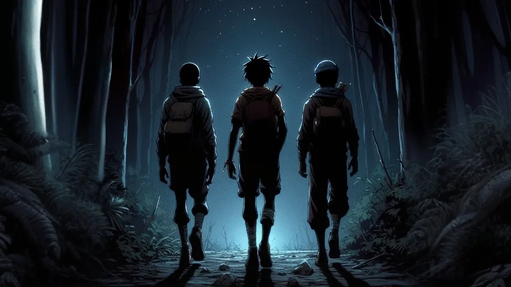 Night time, three men are walking together in the forest. There is darkness all around and only their walking feet are visible. anime 