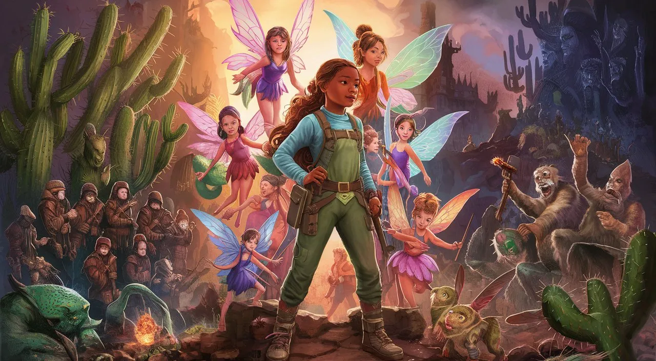 a painting of a girl standing in front of a group of elves