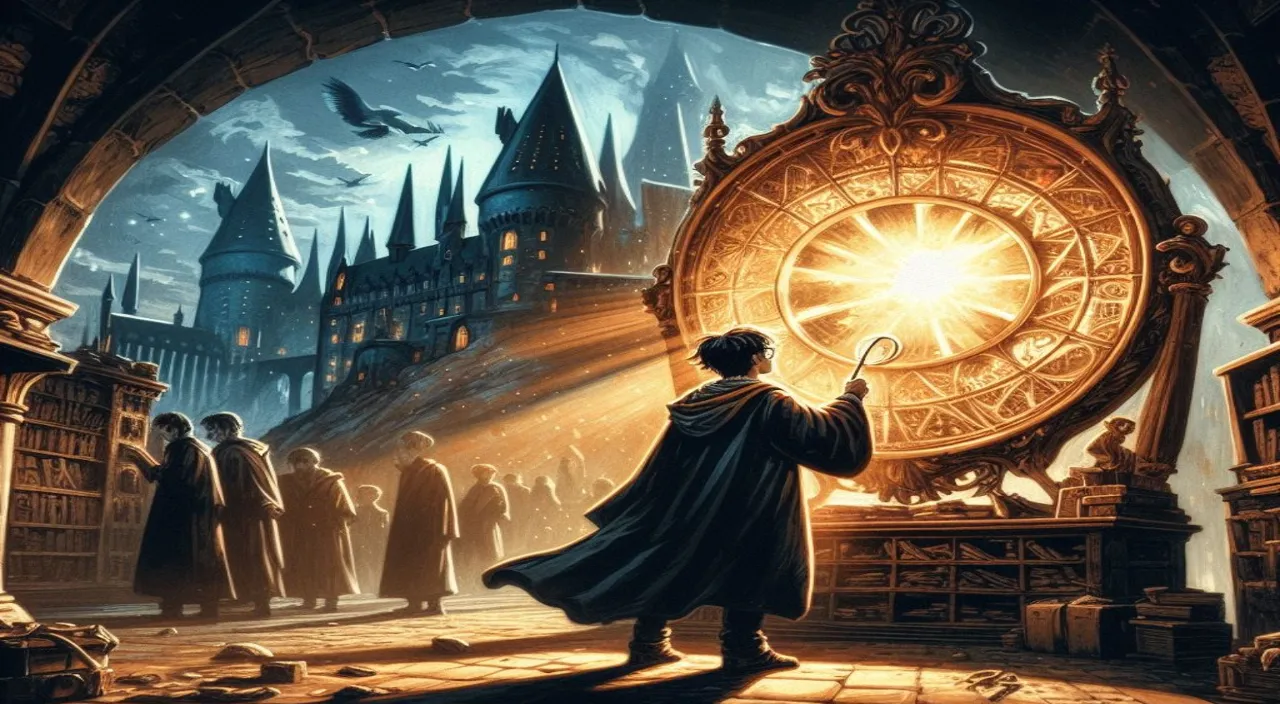 a painting of a wizard standing in front of a clock