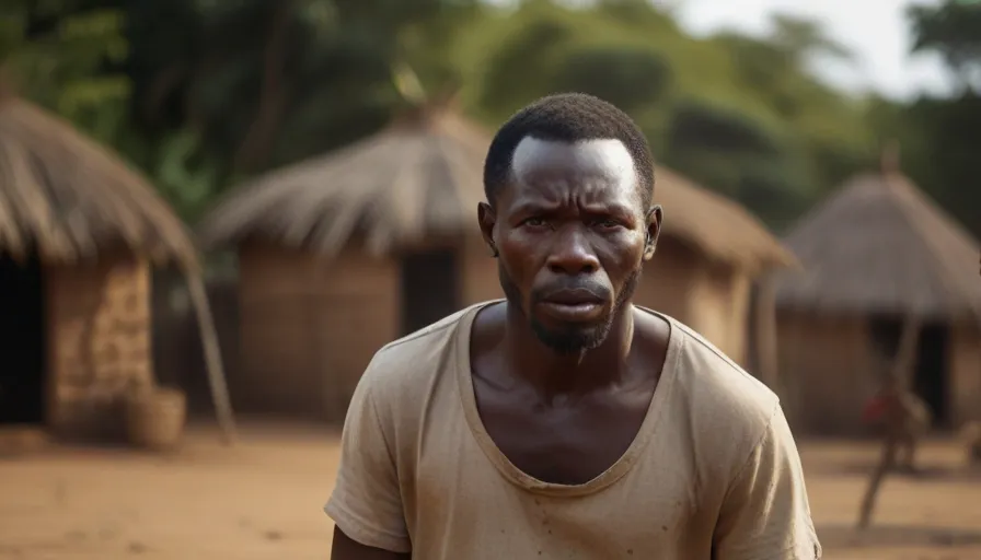 a man standing in front of some huts