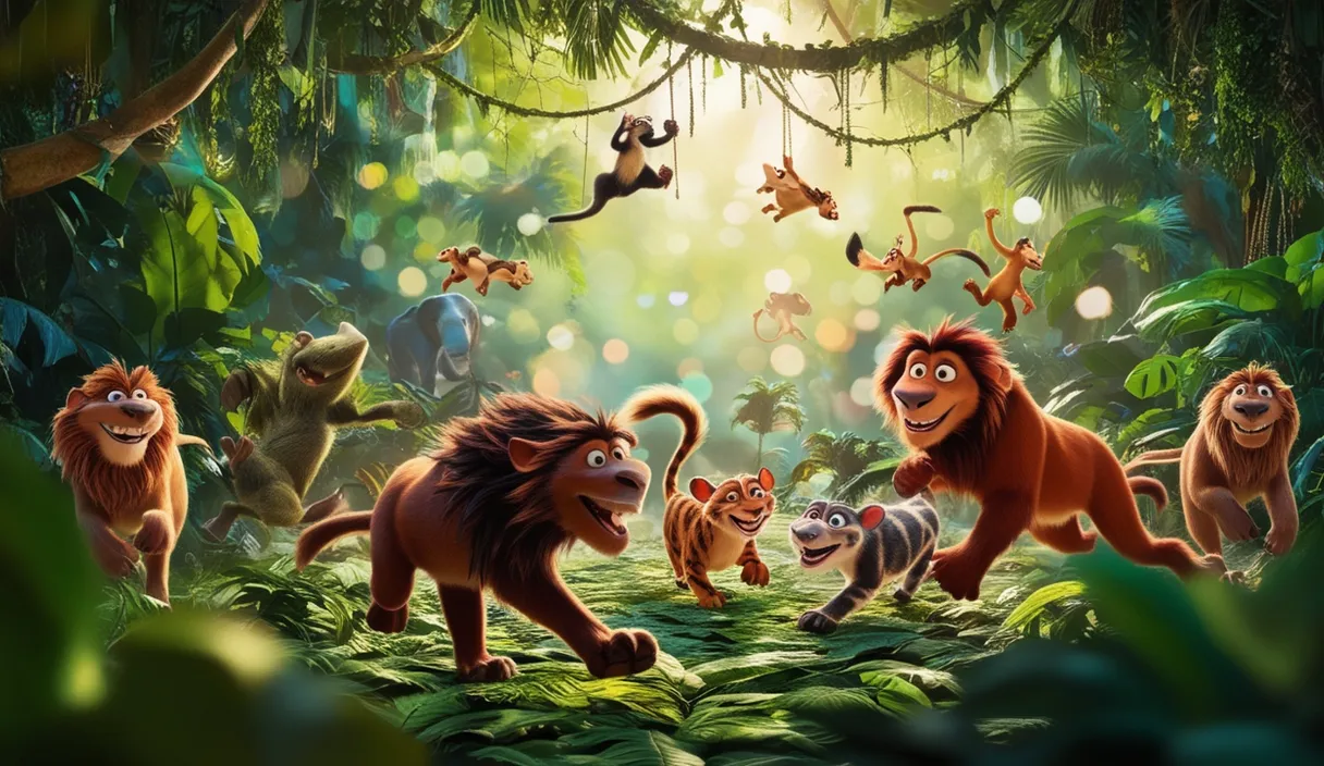 the lion king is surrounded by other animals in the jungle