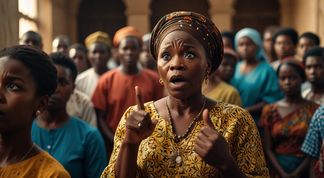 A congregation member accusing the  elegant lady Bola at her 40s, pointing a finger at her.
Bola looking shocked and hurt, surrounded by people staring at her with suspicion.
The community members’ mixed expressions of fear, doubt, and confusion.