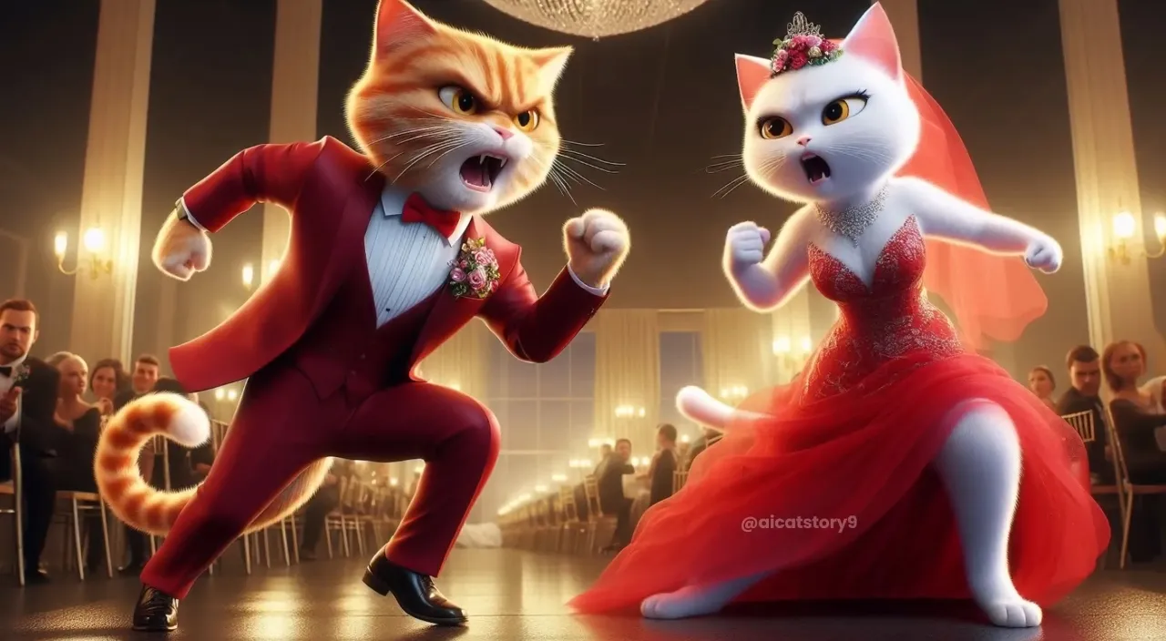 a couple of cats dressed in red dancing