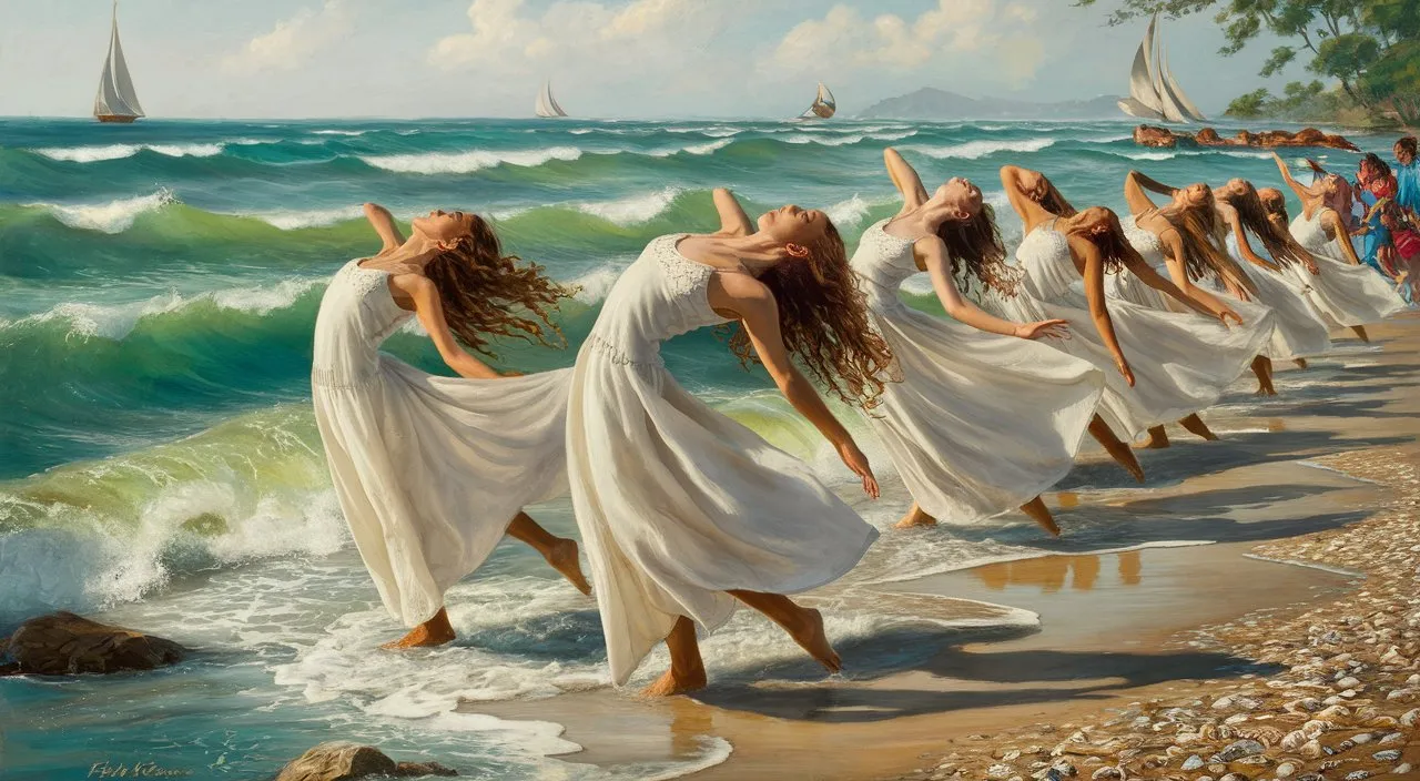 The sea breeze caresses the dancers' faces, giving a feeling of freedom, with the waves gently crashing on the shore and people with their eyes closed enjoying the moment. The scene features: Sailboats in the distance and shells on the sand.