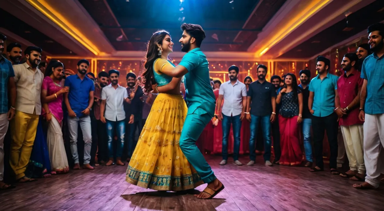 a couple dancing in front of a crowd