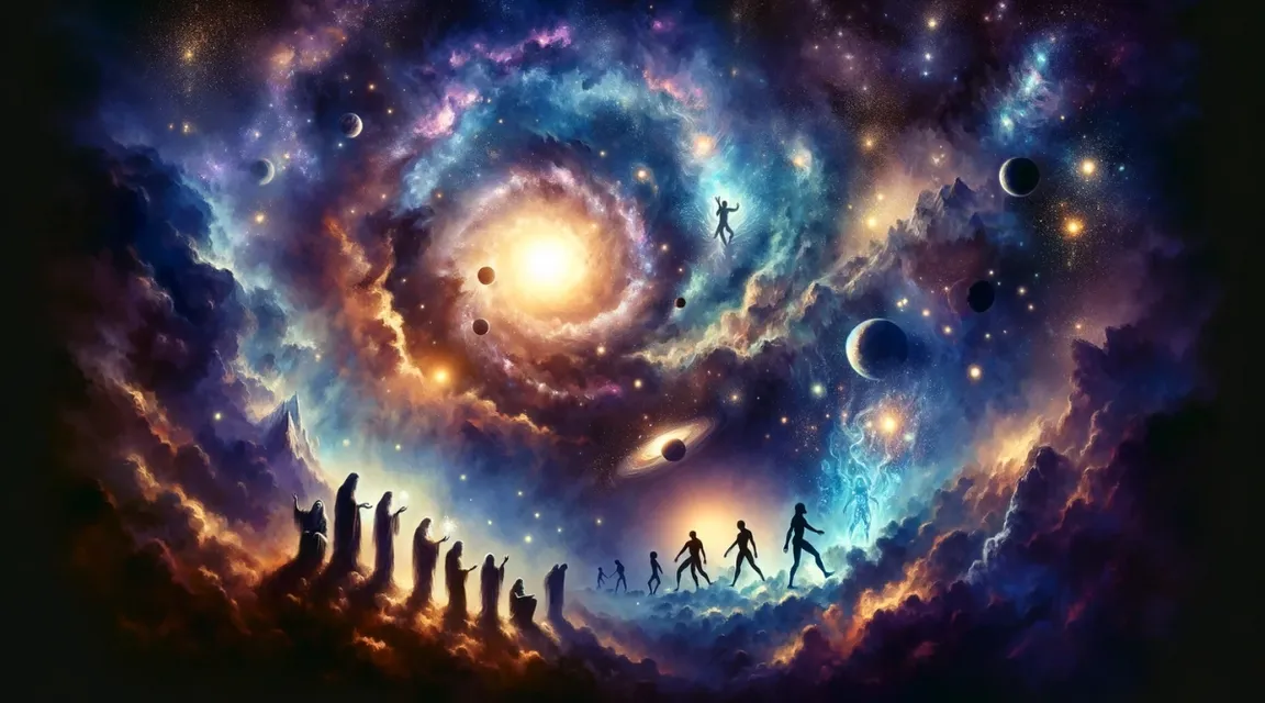 a group of people standing in front of a spiral galaxy