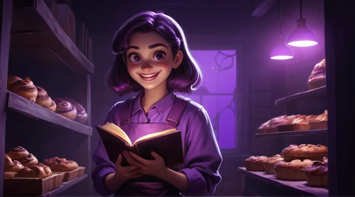 a woman reading a book in a bakery with evil laugh