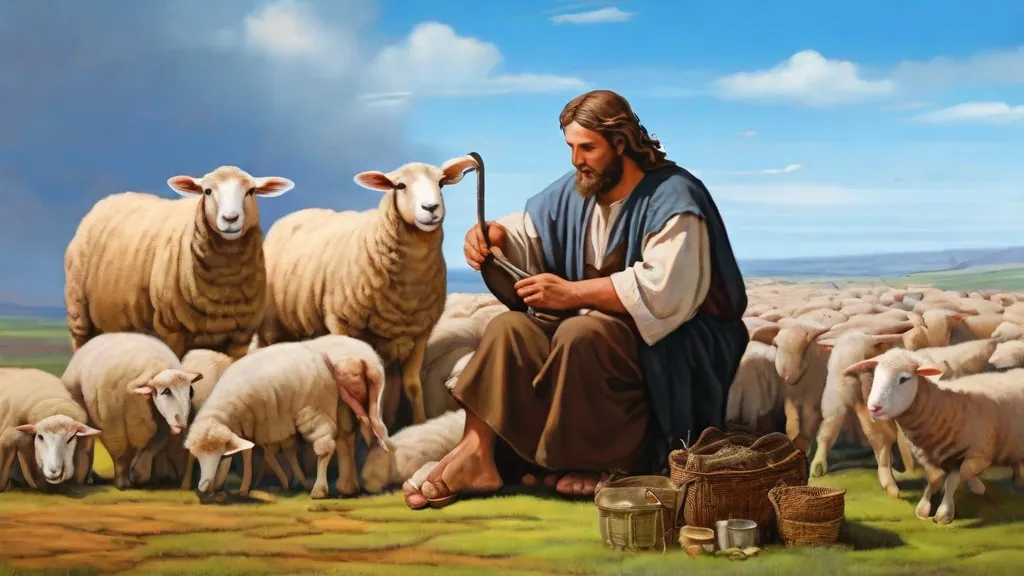 a painting of a man sitting in front of a herd of sheep