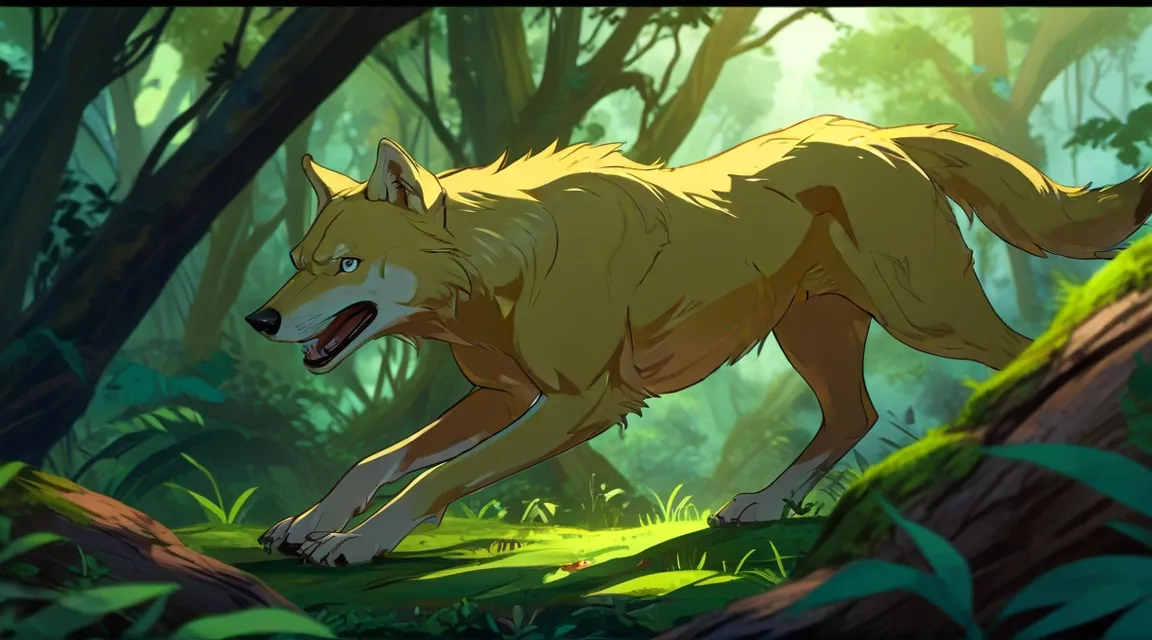 a wolf walking through a lush green forest