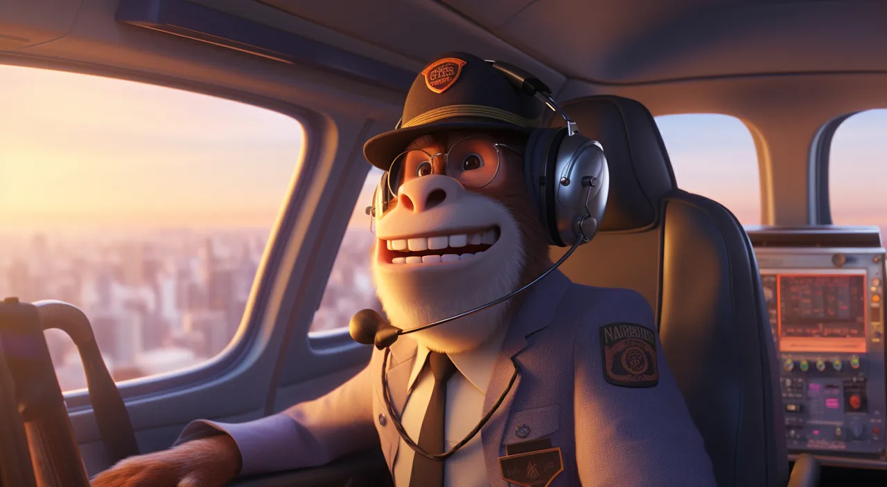 a monkey in a pilot's uniform sitting in a plane