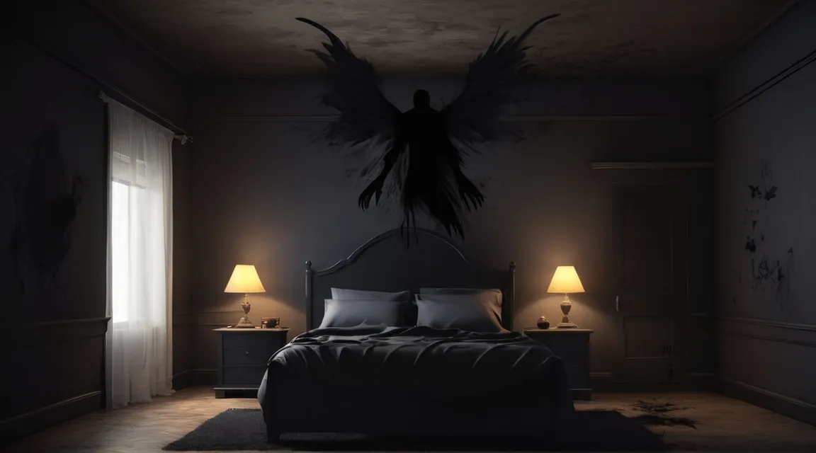 a dark bedroom with a bed and two lamps