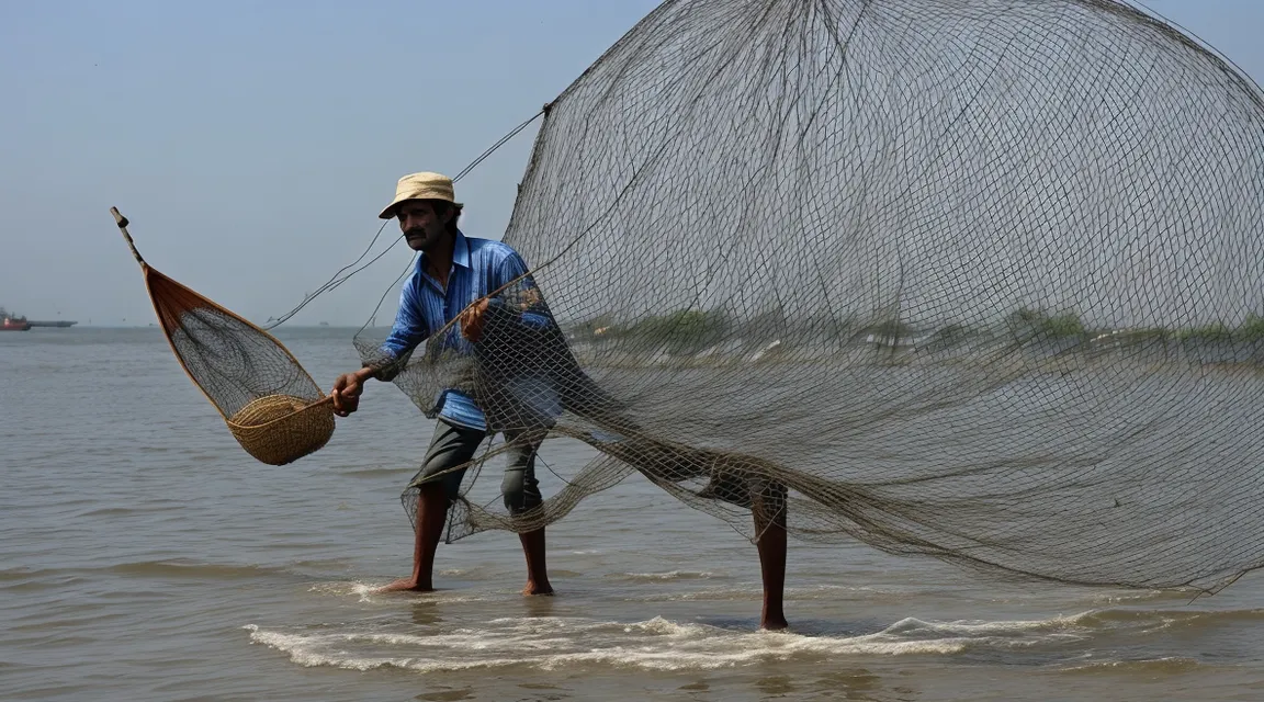 a man standing in a body of water holding a net and moving slowly. 