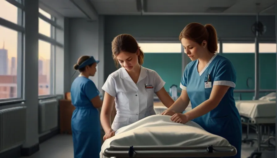 a group of nurses standing around a hospital bed