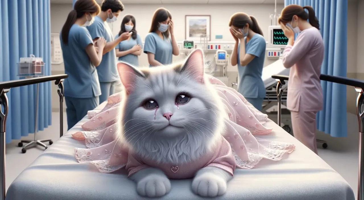 a white cat sitting on top of a hospital bed