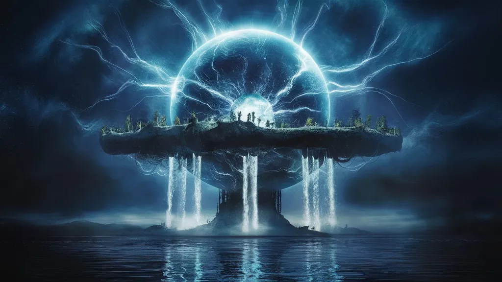 A stunning, high-quality cinematic drone shot of a floating alien island in the realm of science fiction. The island's centerpiece is a massive, glowing electrical energy sphere, from which energy-charged water cascades into a picturesque lake. The water's surface reflects the vast cosmos, creating a mesmerizing visual effect. The overall atmosphere of the scene is awe-inspiring, immersing the viewer in a breathtaking voyeuristic experience.